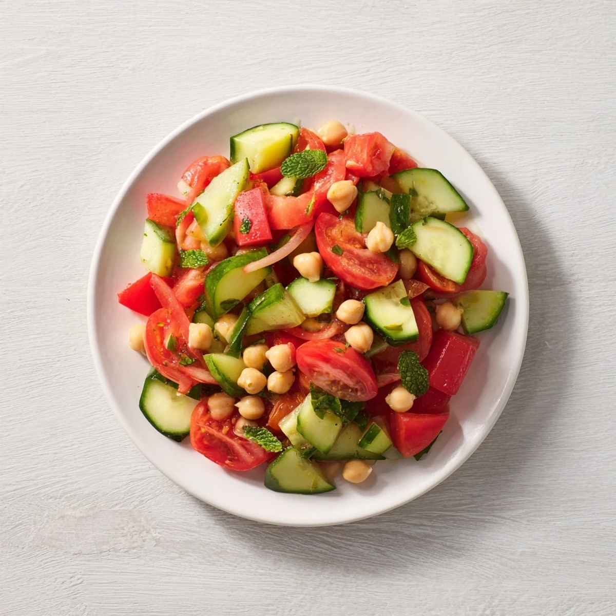A close-up of Fresh Cucumber and Chickpea Salad, bursting with color and refreshing flavors.