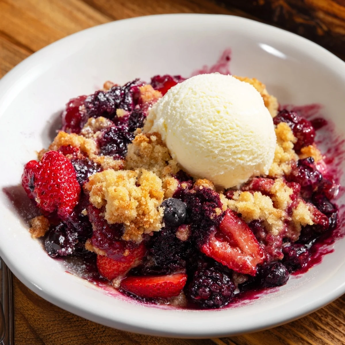 Enjoy a spoonful of delicious Rustic Summer Berry Cobbler, perfect with a scoop of cool vanilla.
