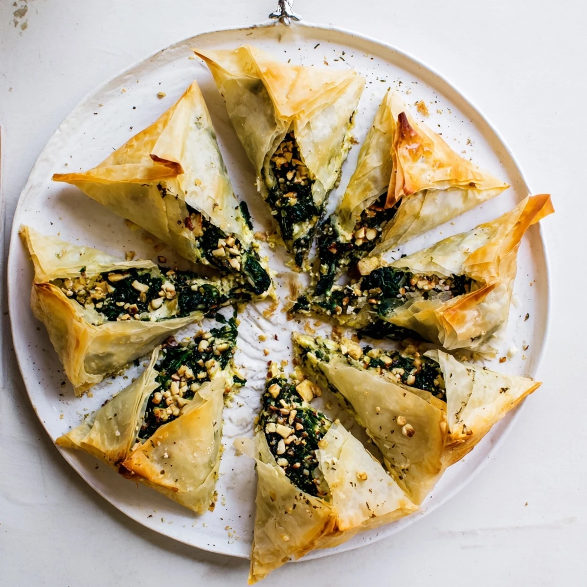 Close-up of freshly baked Savory Spinach and Ricotta Puff Pastry Triangles, perfect for a vegetarian party platter.