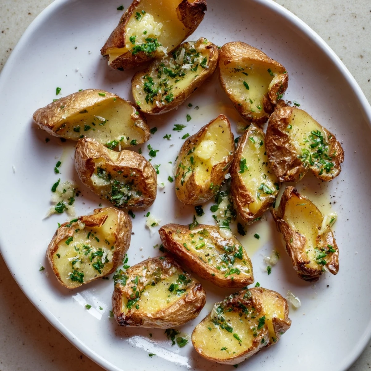 Golden, crispy garlic butter roasted smash potatoes, an easy side dish with fresh parsley garnishing.