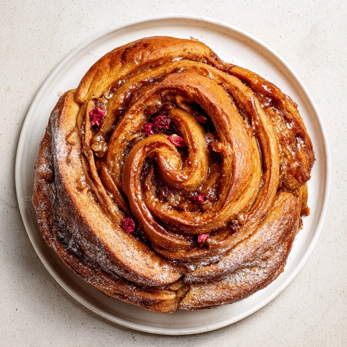 Warm, golden Homemade Cinnamon Swirl Raisin Bread fresh from the oven, with a glistening crust.
