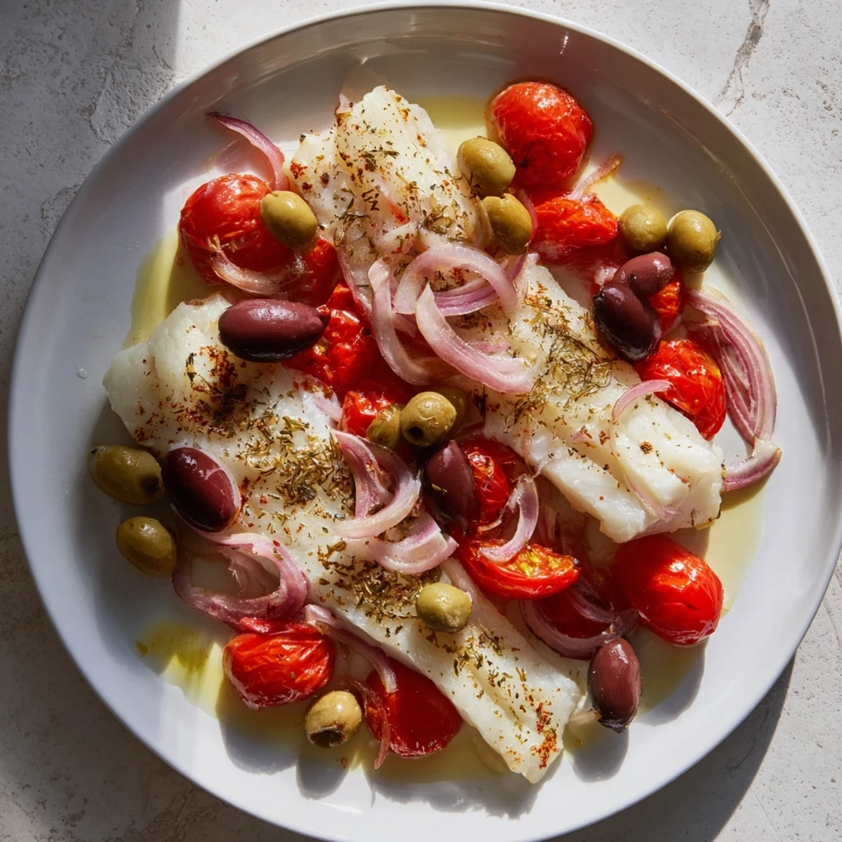 Golden, baked One-Tray Cod with cherry tomatoes, olives, and herbs, a flavorful Mediterranean meal.