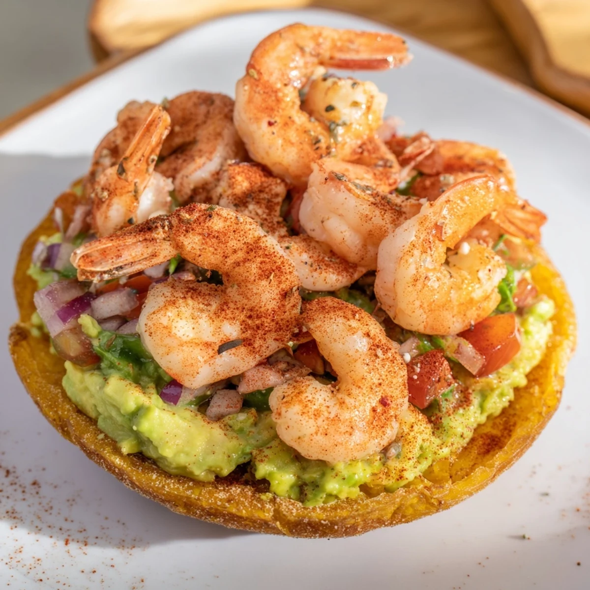 Quick Shrimp and Avocado Tostadas stacked high with perfectly cooked shrimp and fresh cilantro.