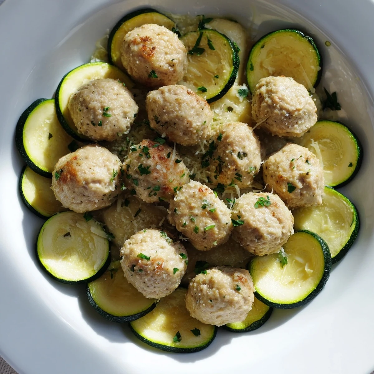 Golden-brown sheet pan turkey meatballs are served with roasted zucchini, a healthy American dinner.