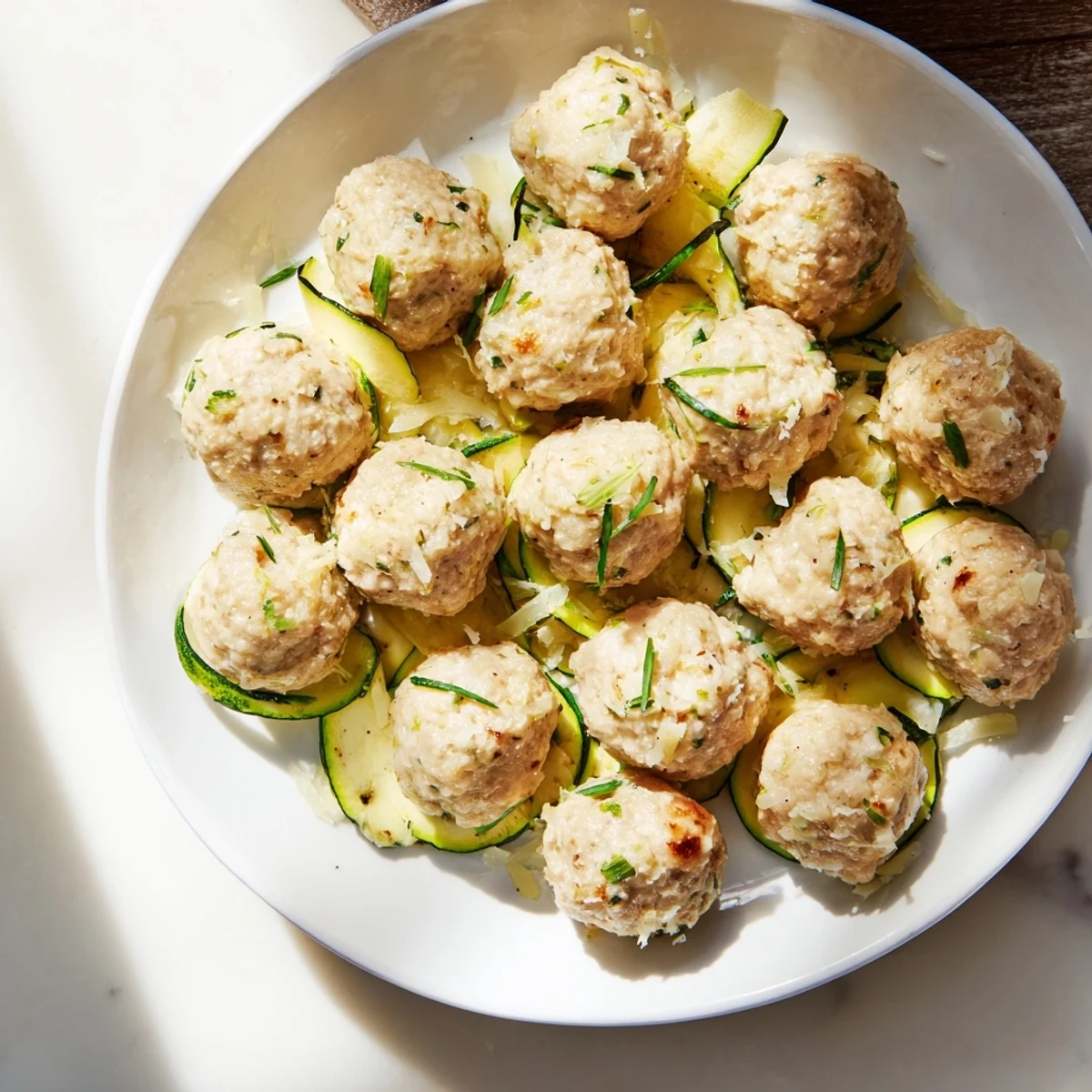 Tender sheet pan turkey meatballs and zucchini are shown just pulled from the oven, ready to eat.