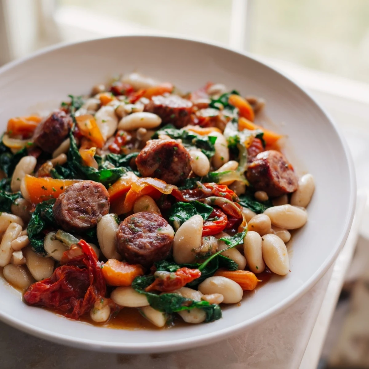 One-Pot Sausage and White Bean Stew, steaming hot, served with crusty bread, looks hearty.