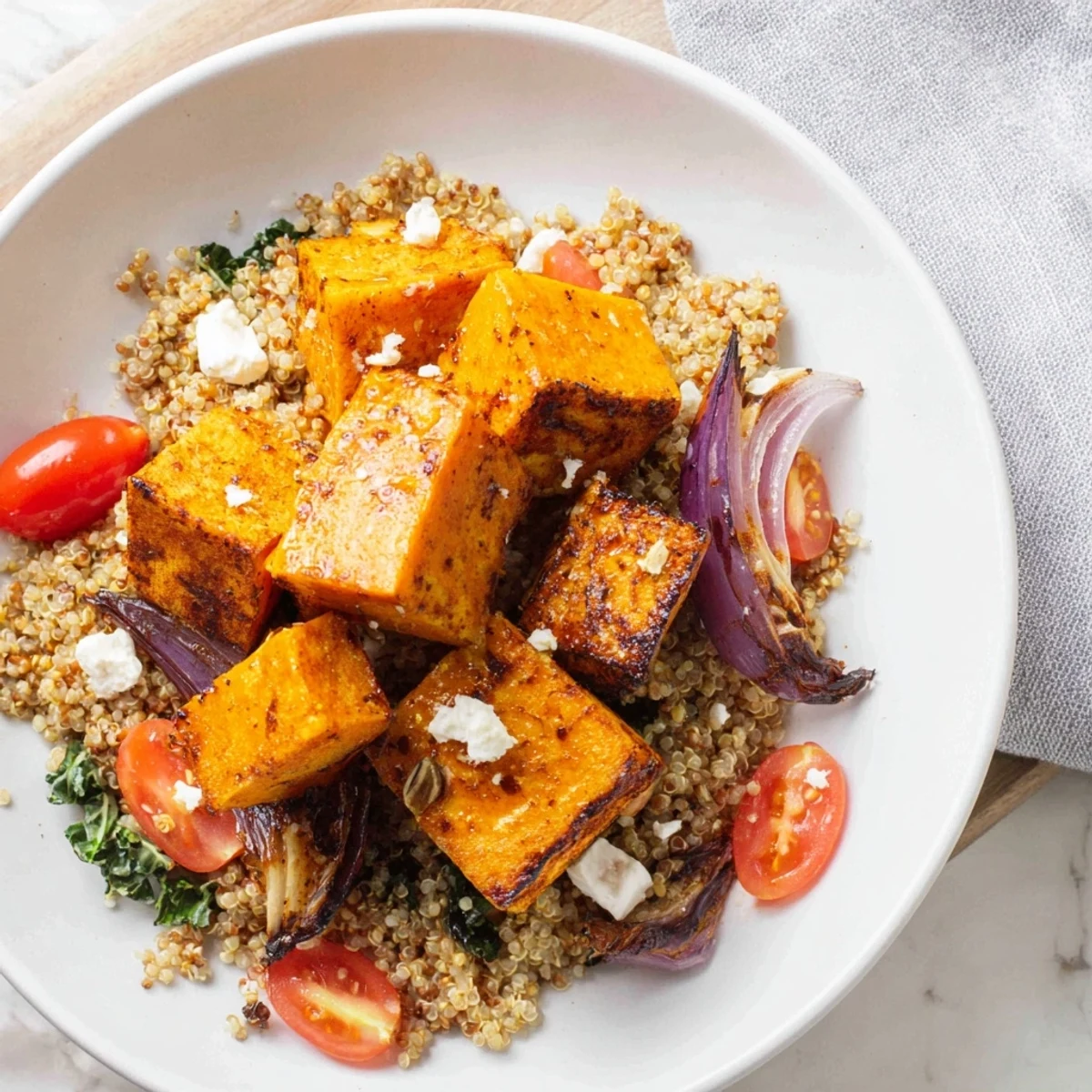 Tantalizing close-up of a Golden Honey-Roasted Butternut Squash Bowl, drizzled with sweet lime dressing.
