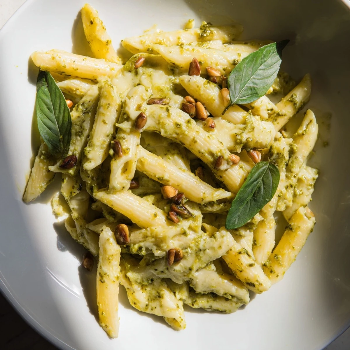 Vibrant green pesto coats the penne in this quick, delicious The Best 15-Minute Creamy Pesto Pasta.