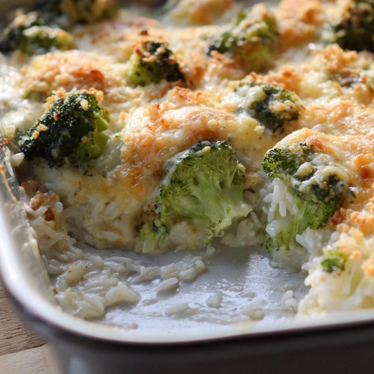 Golden-brown Cheesy Broccoli and Rice All-in-One Bake, bubbling hot, a comforting family dinner dish.