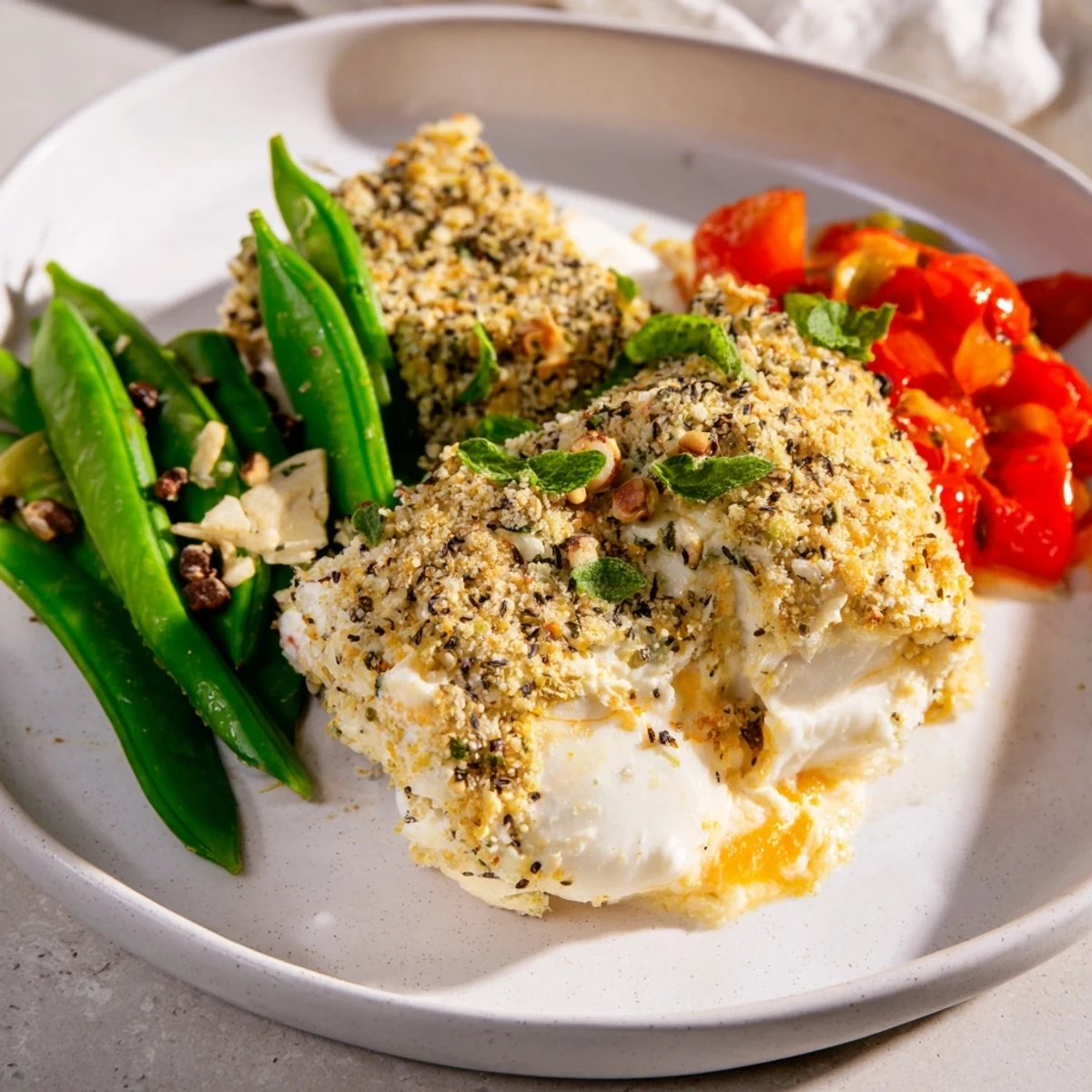 Glistening Creamy Parmesan Orzo with Green Peas, a vegetarian dish with fresh parsley topping it.