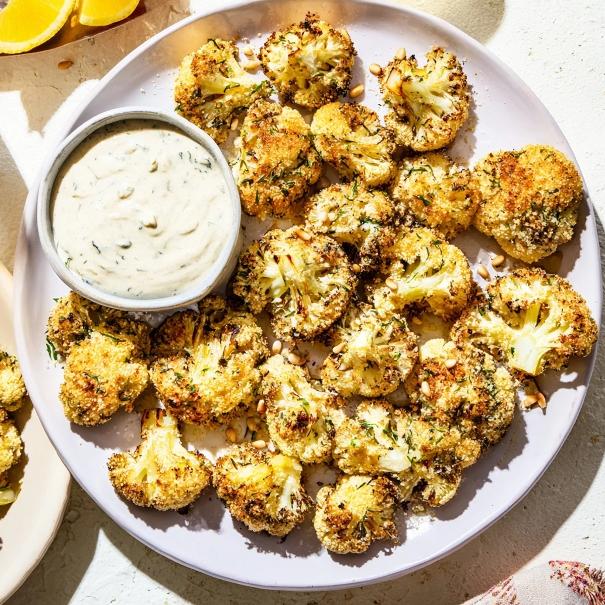 Golden, roasted Cauliflower Steaks drizzled with creamy tahini; a flavorful, vegetarian meal idea.