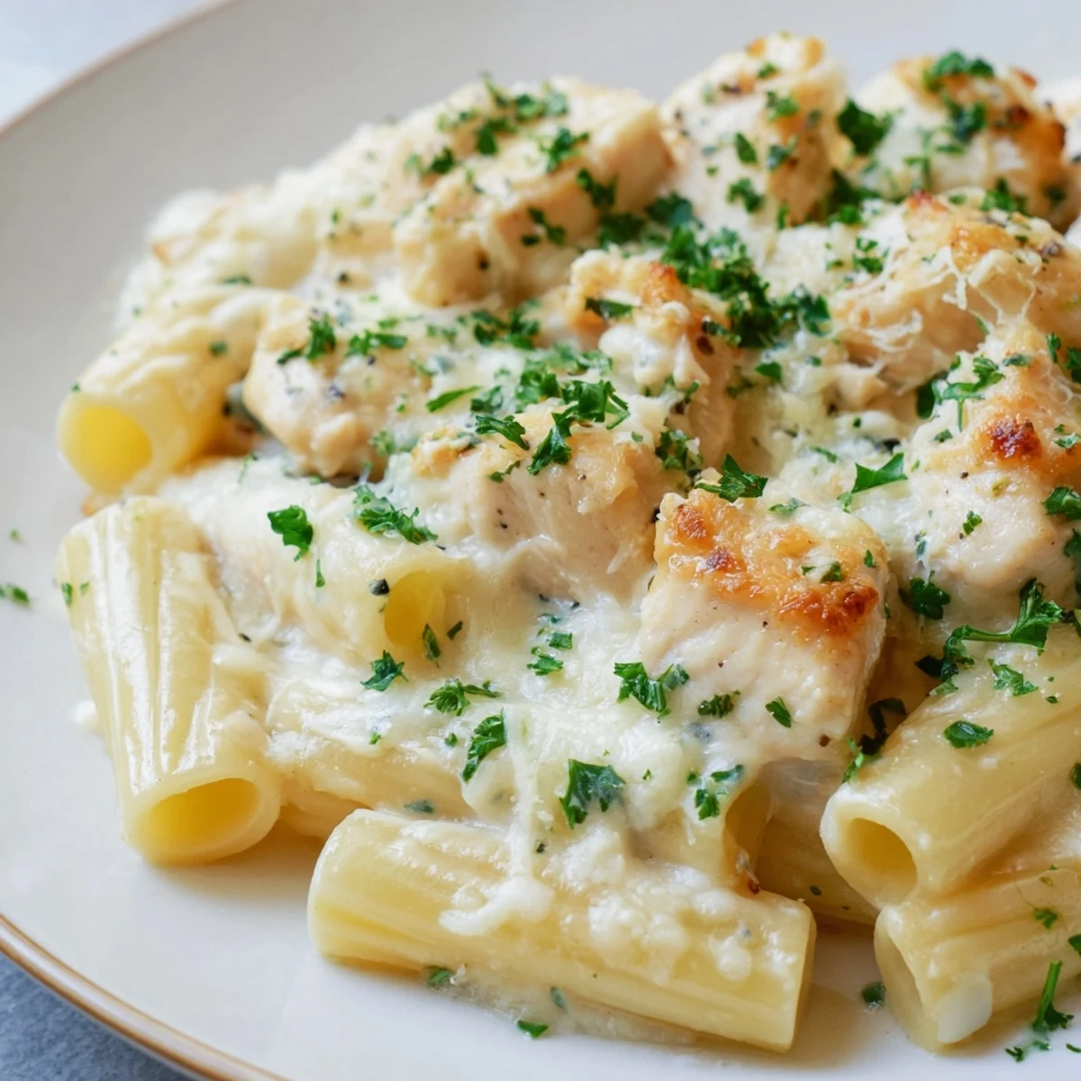 Golden-brown Chicken Alfredo Bake bubbling with melted cheese, a comforting Italian-American classic.