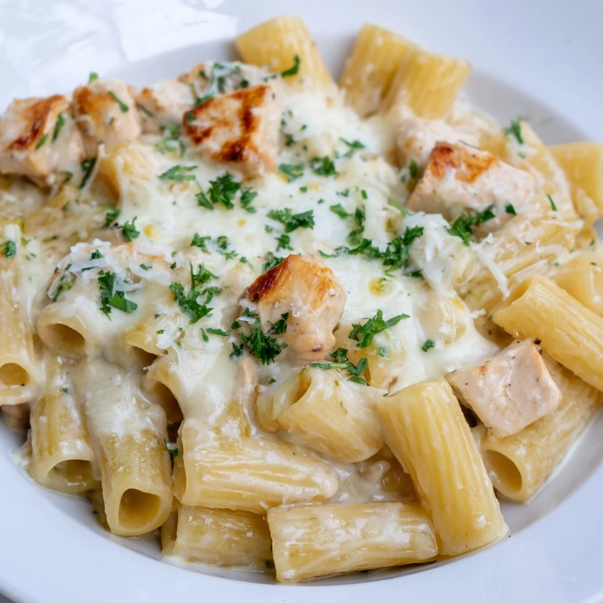 Steaming plate of Chicken Alfredo Bake, showing tender chicken and creamy sauce, perfect for dinner.