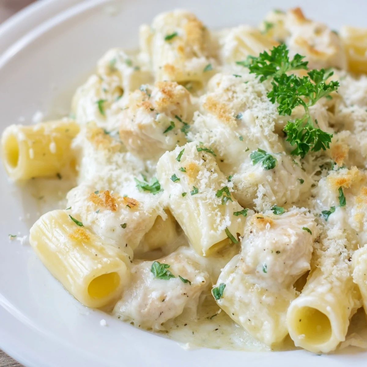 Imagine a cheesy slice of Chicken Alfredo Bake, a family-friendly meal with delicious pasta.
