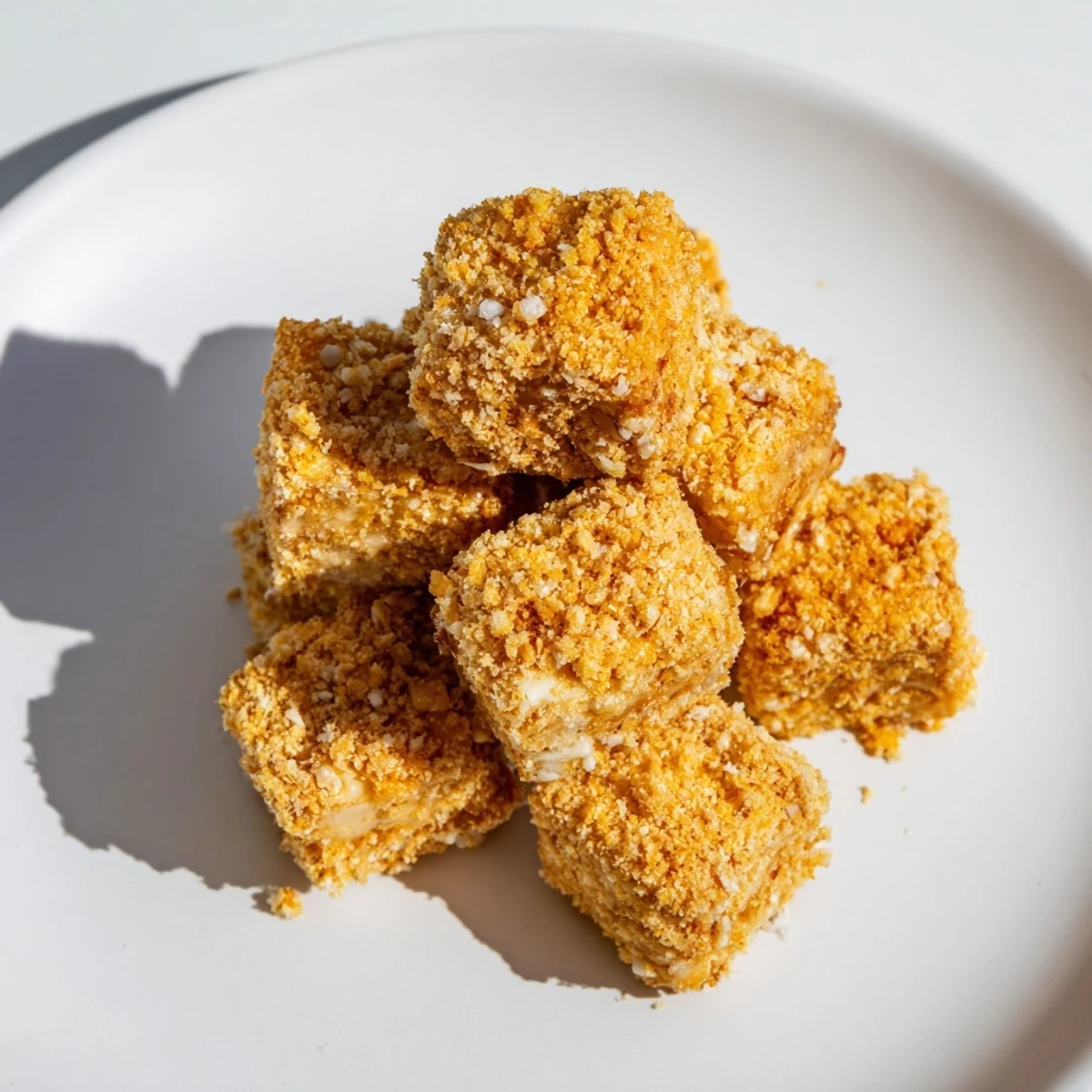 Close-up of golden-brown Crispy Tofu Nuggets, served with a creamy dipping sauce ready to eat.