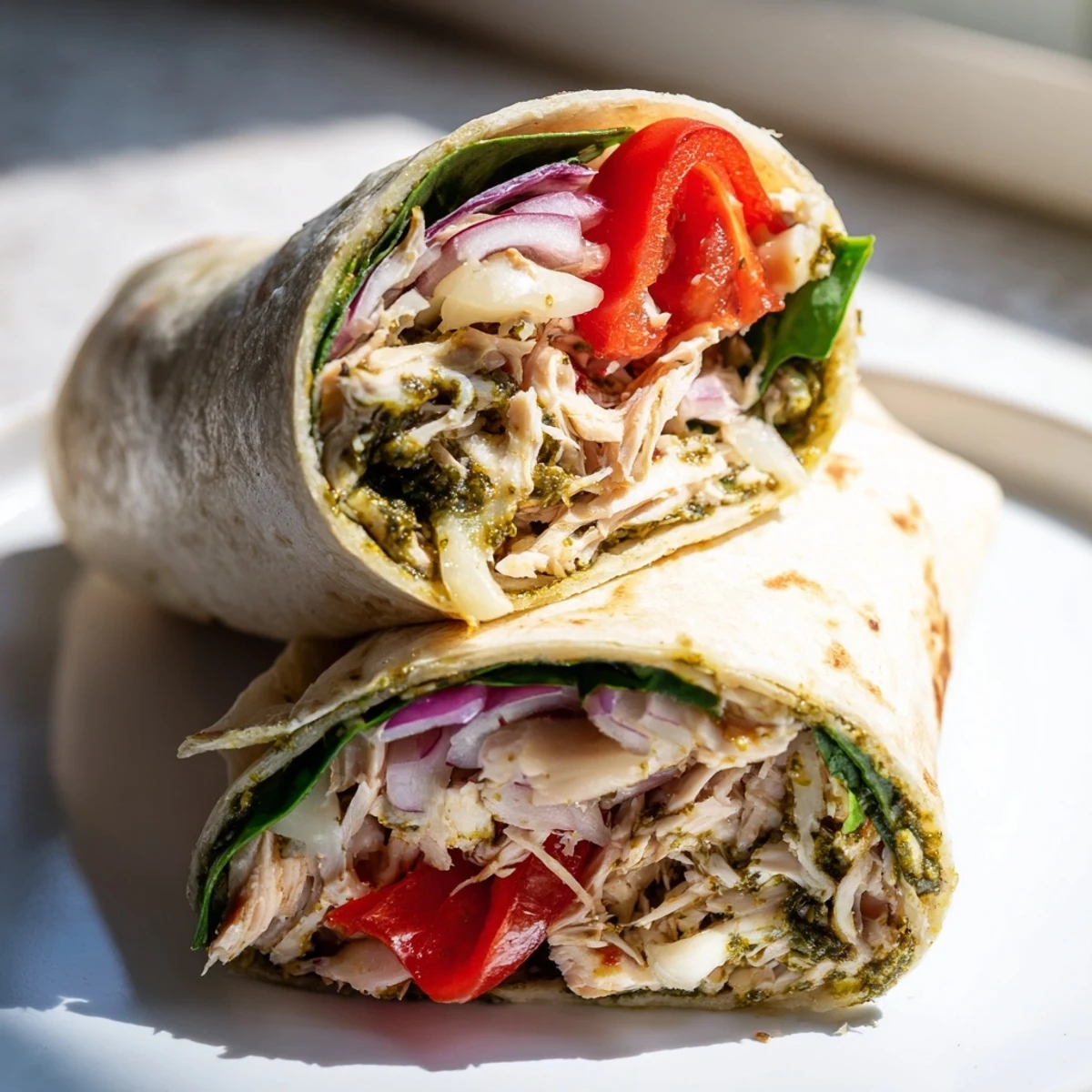 A warm, inviting photo of a flavorful Pesto Chicken Wrap, perfect for a quick lunch or dinner.