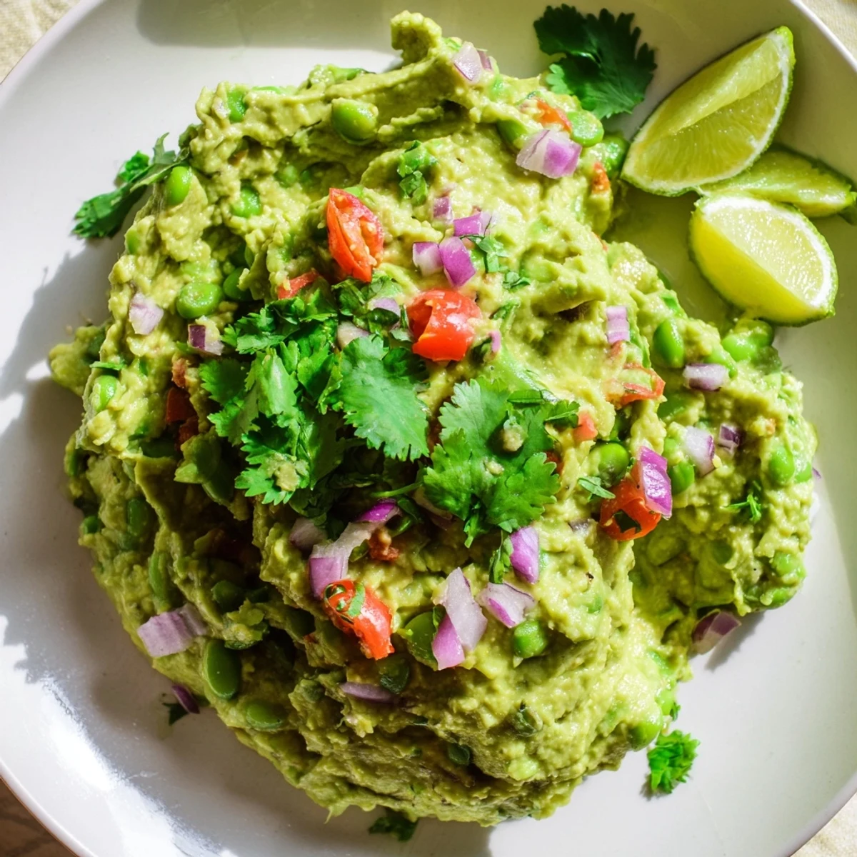 Creamy Edamame Guacamole, a vibrant green dip, served with crunchy tortilla chips, ready to enjoy.