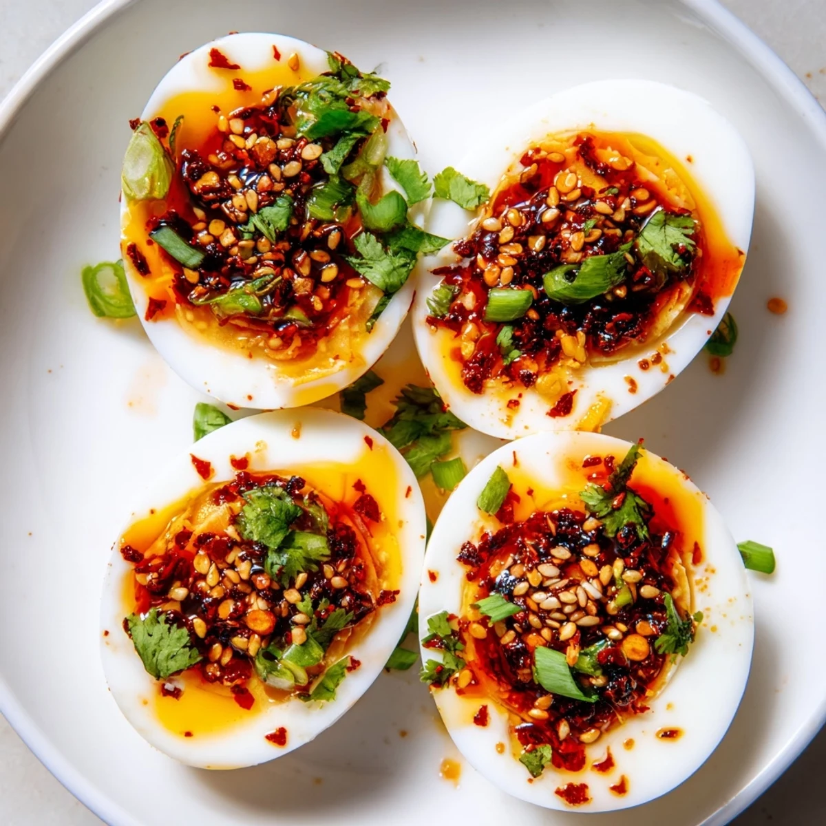 Silky jammy Chili Oil Eggs drizzled with vibrant chili oil and sesame seeds for breakfast.