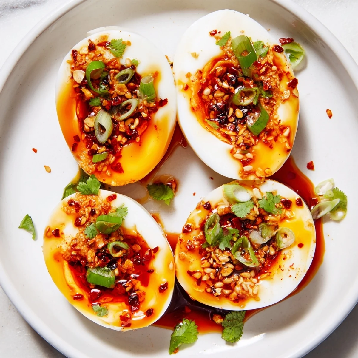 Savory brunch: sliced Chili Oil Eggs with green onions and a drizzle of spicy chili oil.