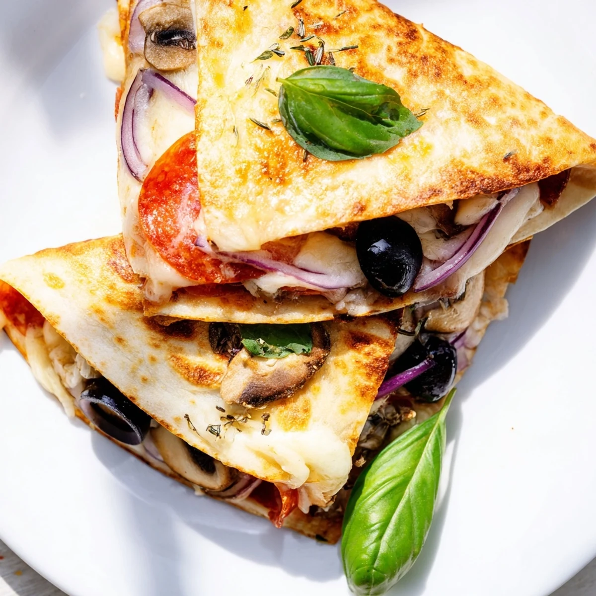 Golden-brown Cheesy Tortilla Pizza Wrap filled with melted mozzarella, pepperoni, and fresh herbs.