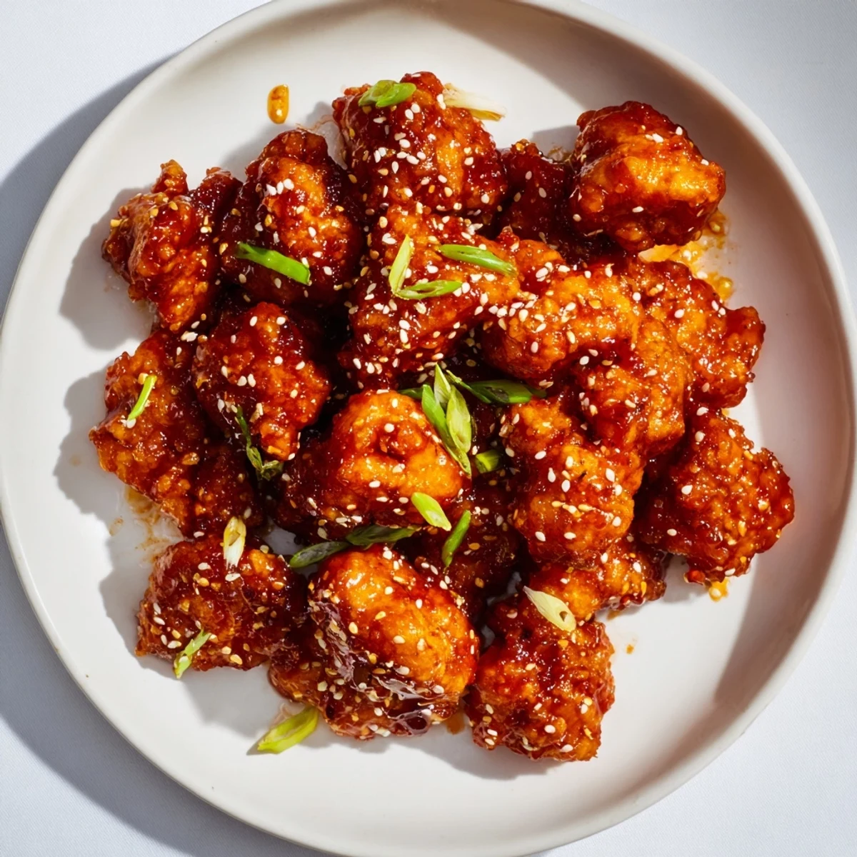 Close-up of freshly fried Honey-Sriracha Chicken Bites, a flavorful appetizer, garnished with sesame seeds.