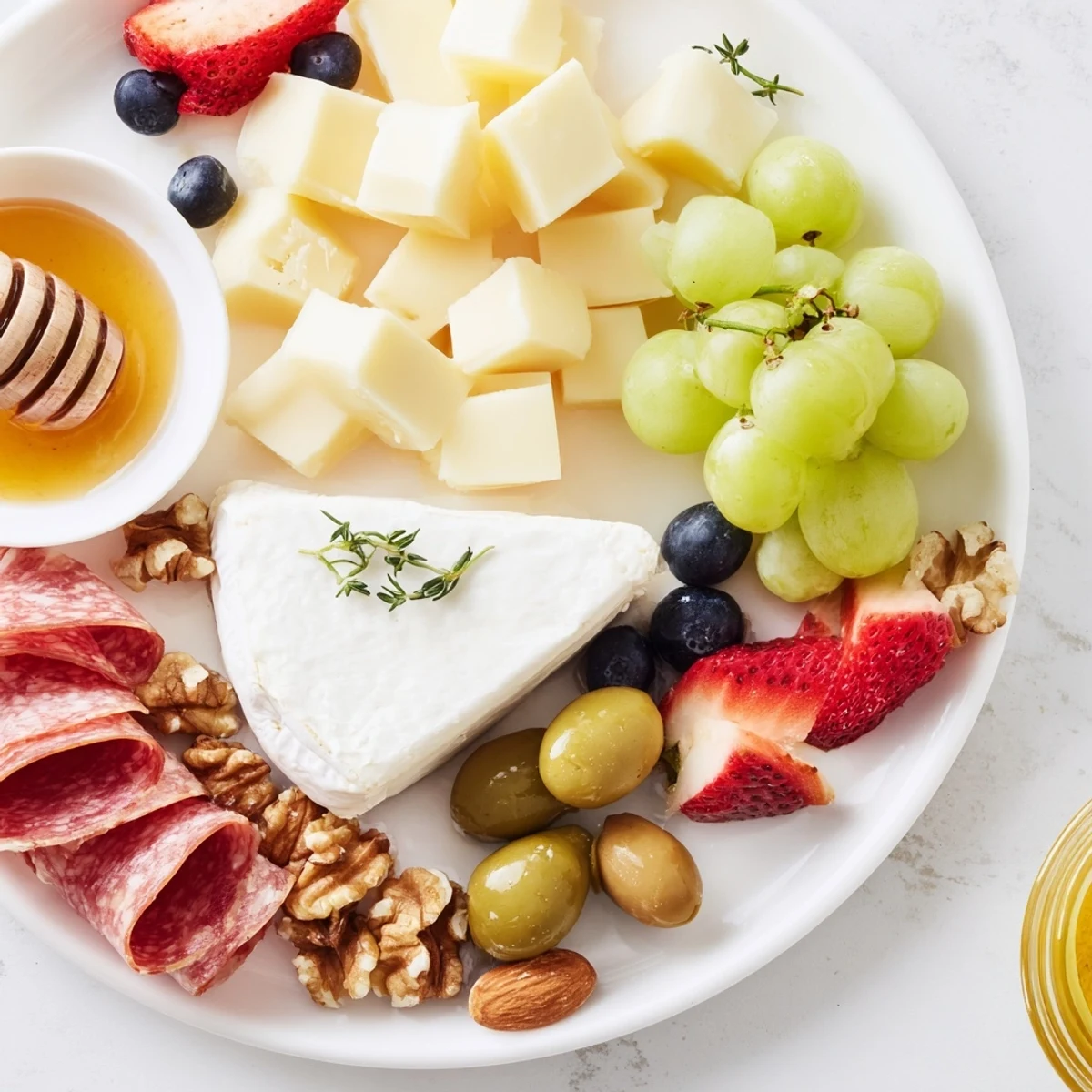 A close-up of a Quick Charcuterie Snack Board, arranged with crackers, honey, and olives for serving.