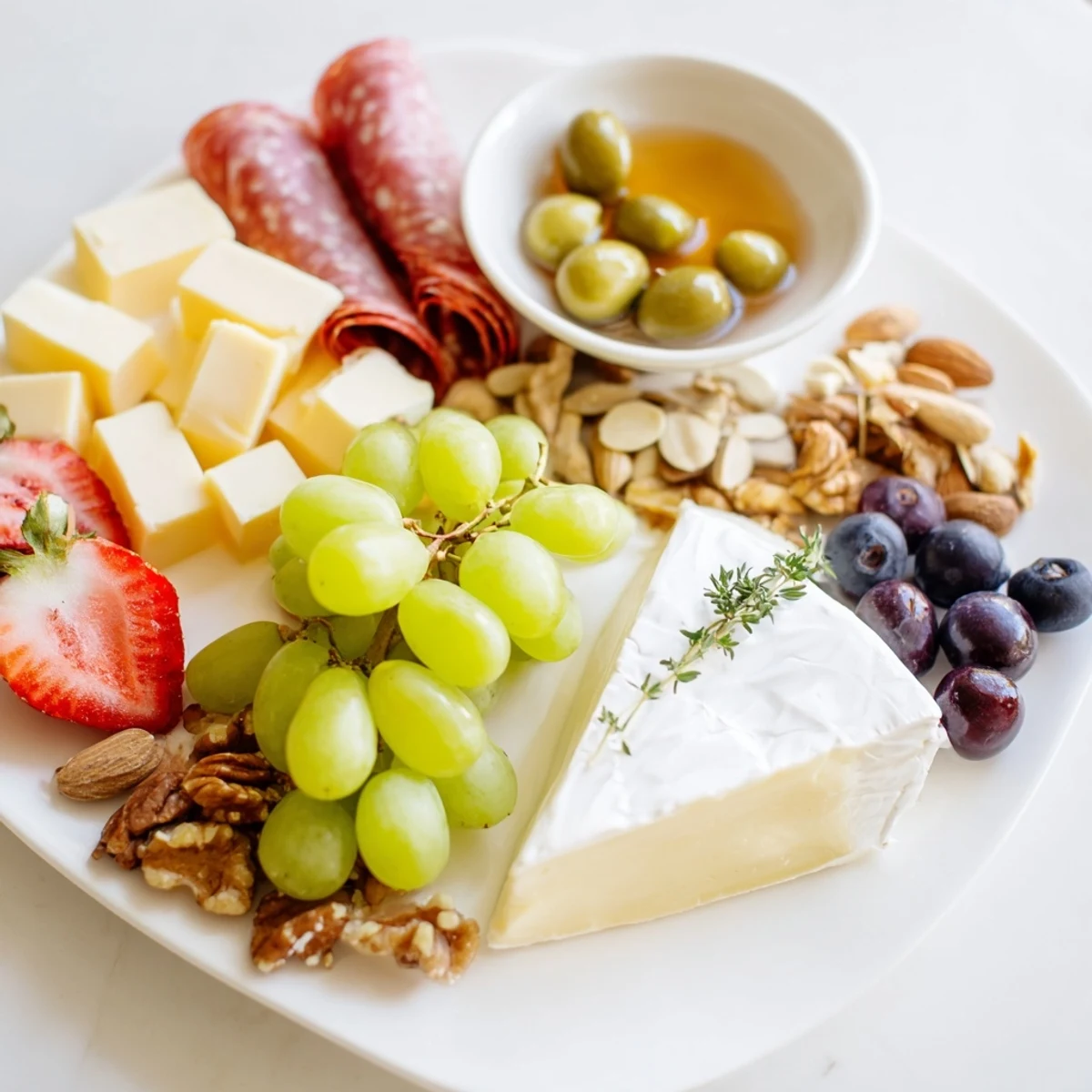 Delicious Quick Charcuterie Snack Board featuring brie, prosciutto, and fresh grapes; an easy appetizer.