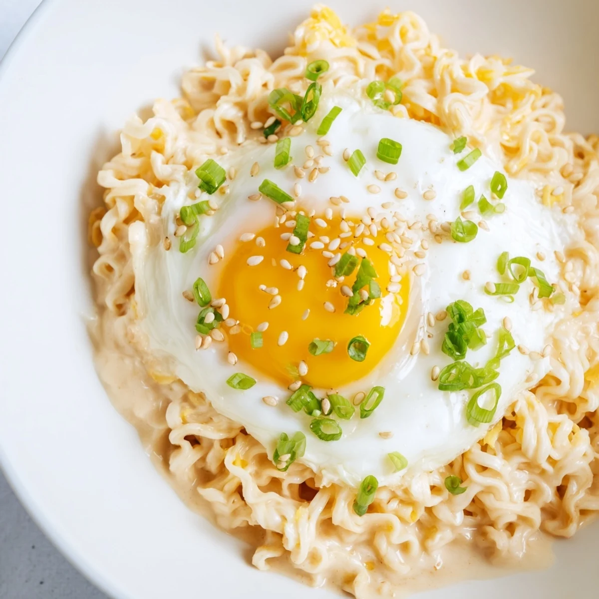 Steaming Instant Cheese Ramen Bowl, with melted cheese and a soft egg, ready to be enjoyed.