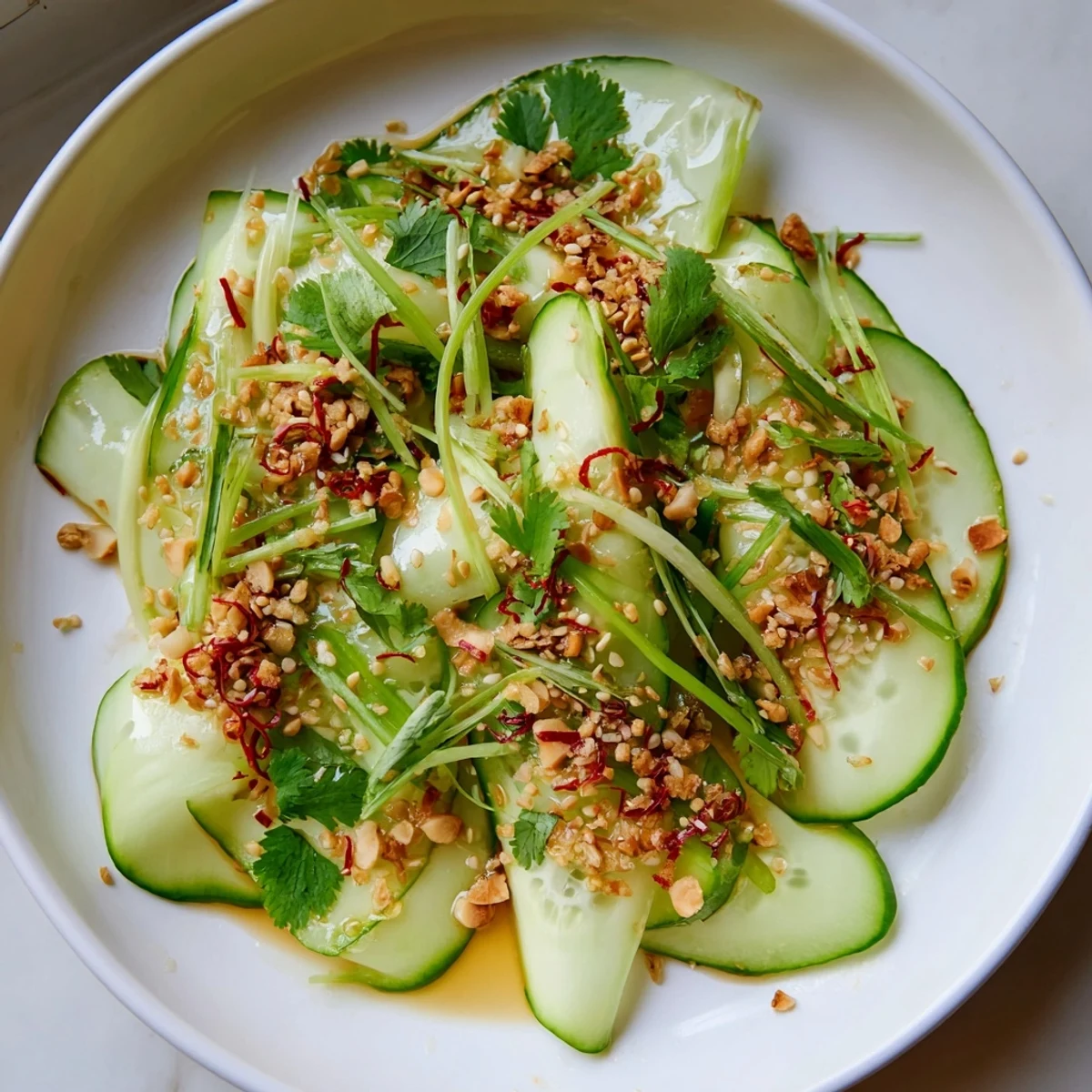 Tangy Shaken Asian-Style Cucumber Salad with vibrant green cucumbers and a glistening sauce is ready.