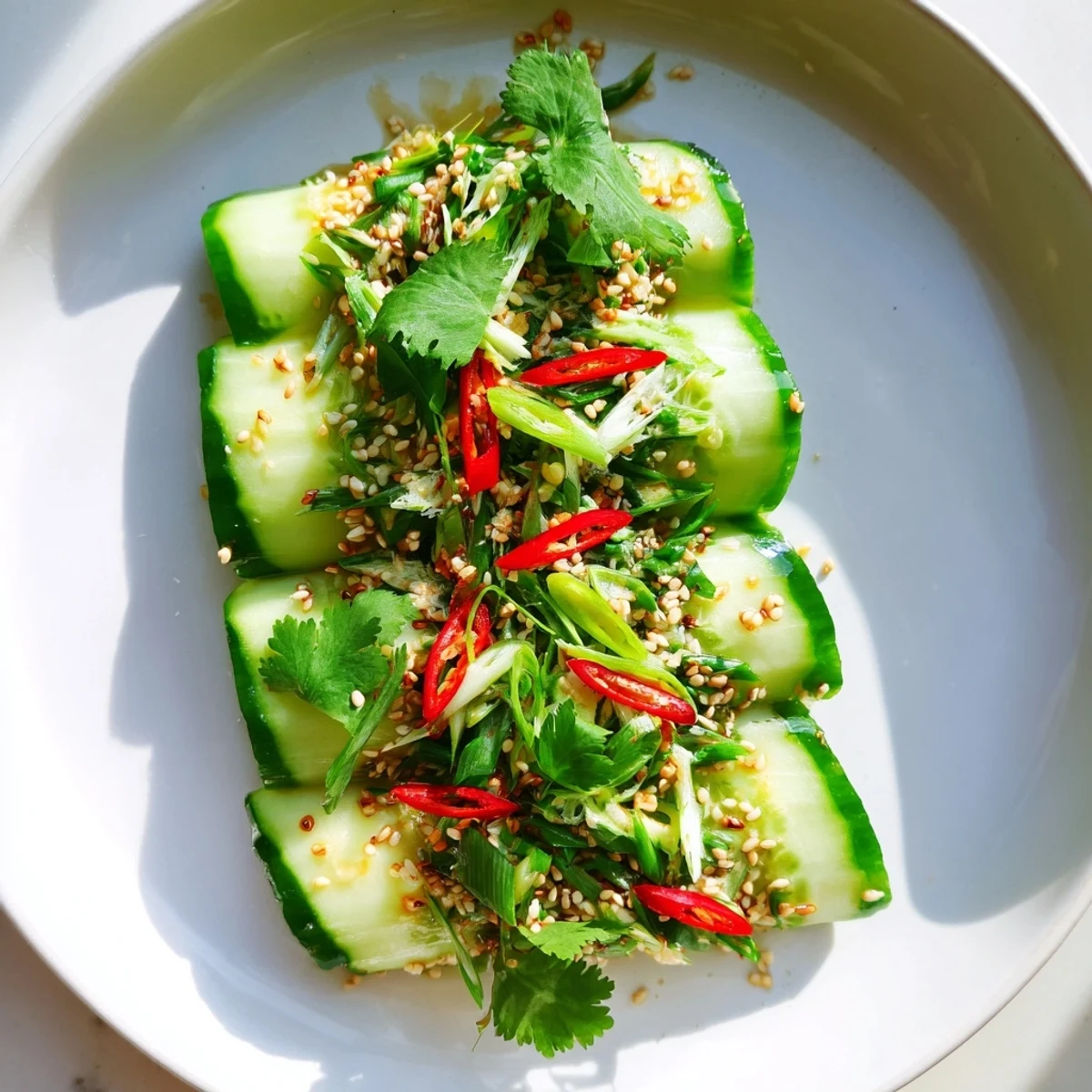 Cilantro garnishes the Tangy Shaken Asian-Style Cucumber Salad, a refreshing Asian-fusion side, ready to eat.