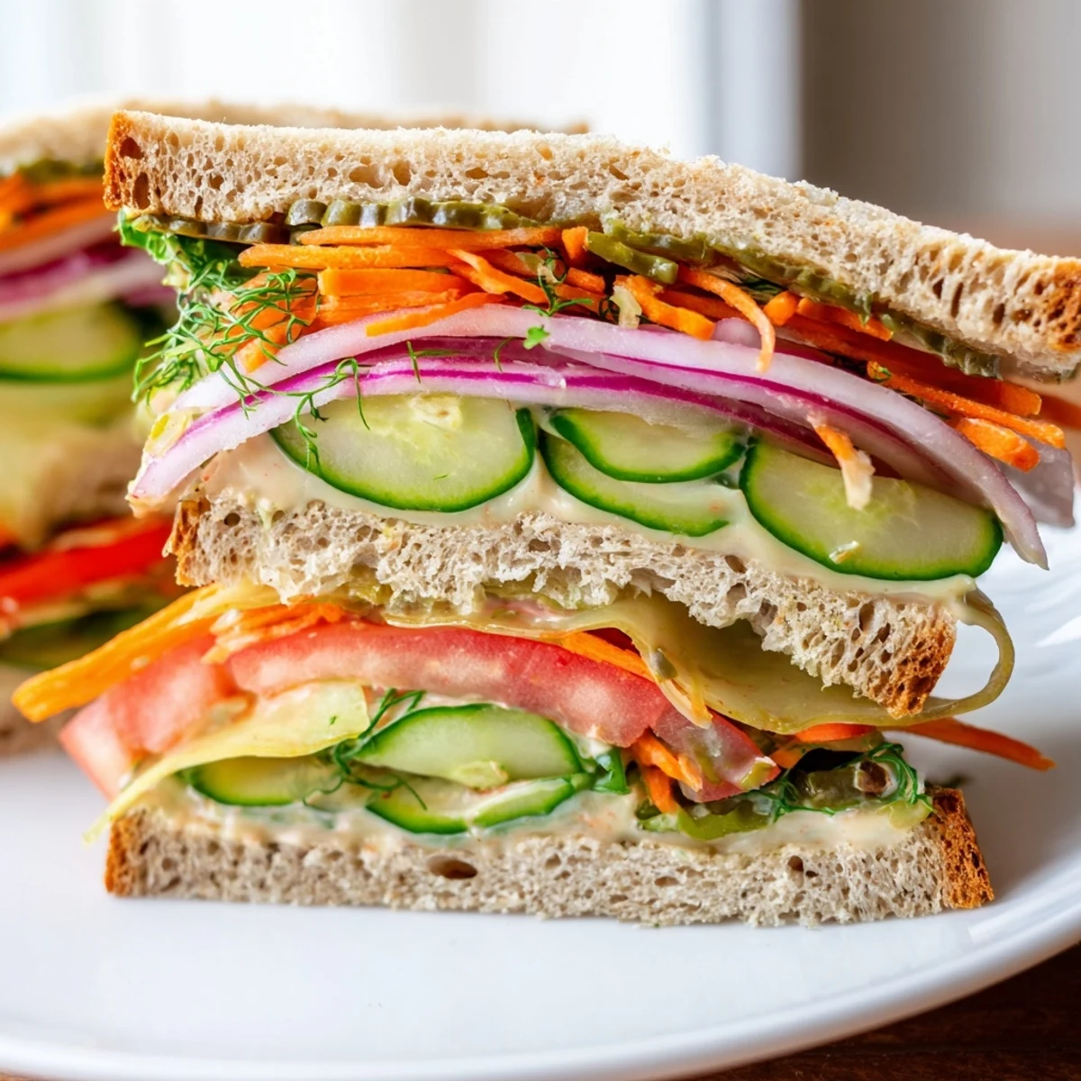 Close-up image shows a stacked Crunchy Dill Pickle Sandwich with fresh ingredients bursting from the bread.