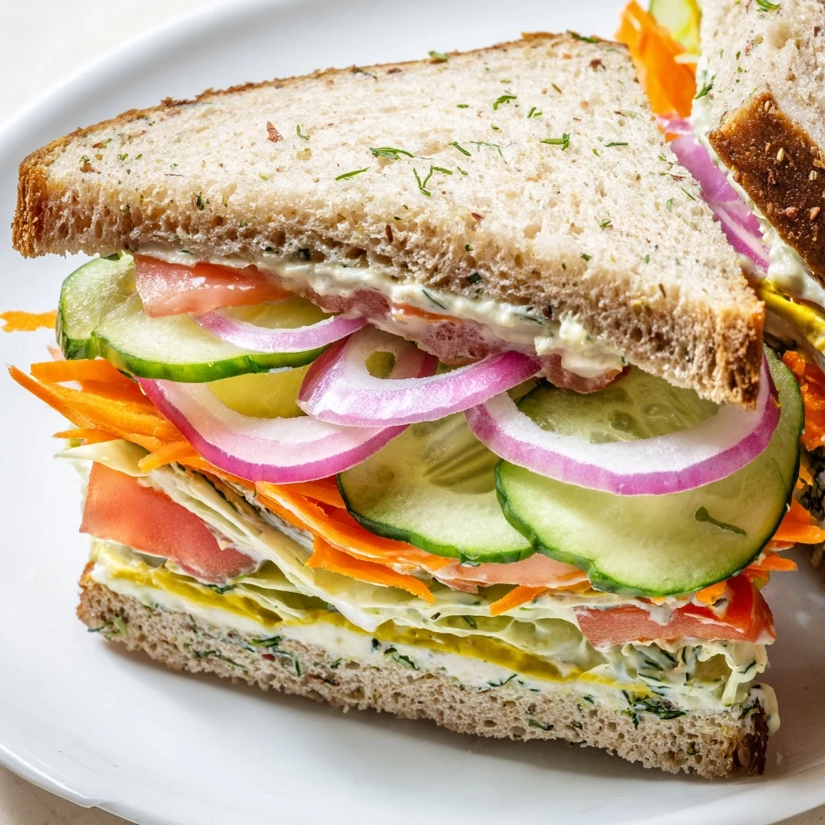 A perfectly-made Crunchy Dill Pickle Sandwich, featuring crisp pickles and vibrant veggies, ready to eat.
