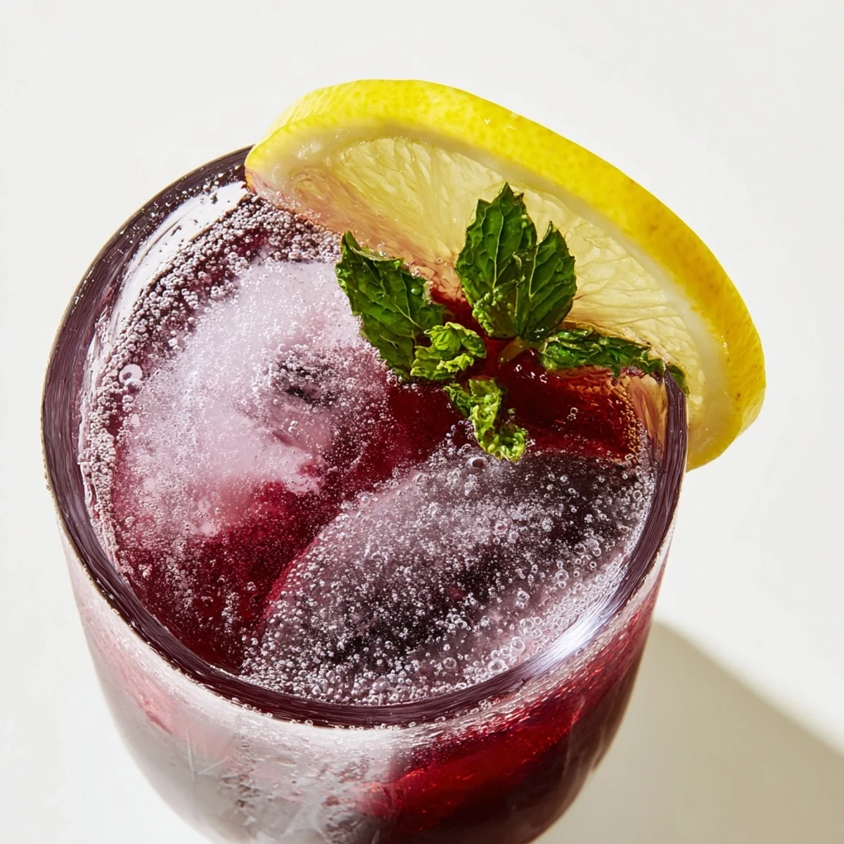 Refreshing Sleepy Girl Cherry Mocktail, a vibrant, ruby-red drink garnished with mint and lemon.