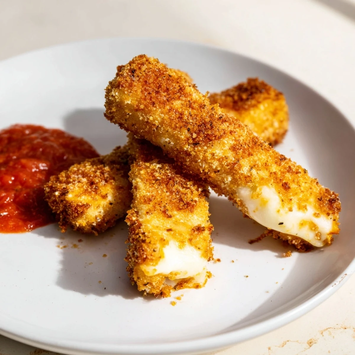Golden, crispy air fryer mozzarella sticks, a perfect appetizer with melted cheese inside.