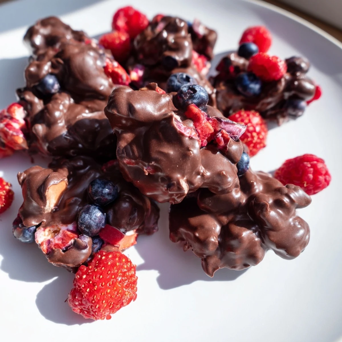 Frozen Chocolate Yogurt Clusters ready to eat, featuring a delicious mix of dark chocolate and fresh berries.