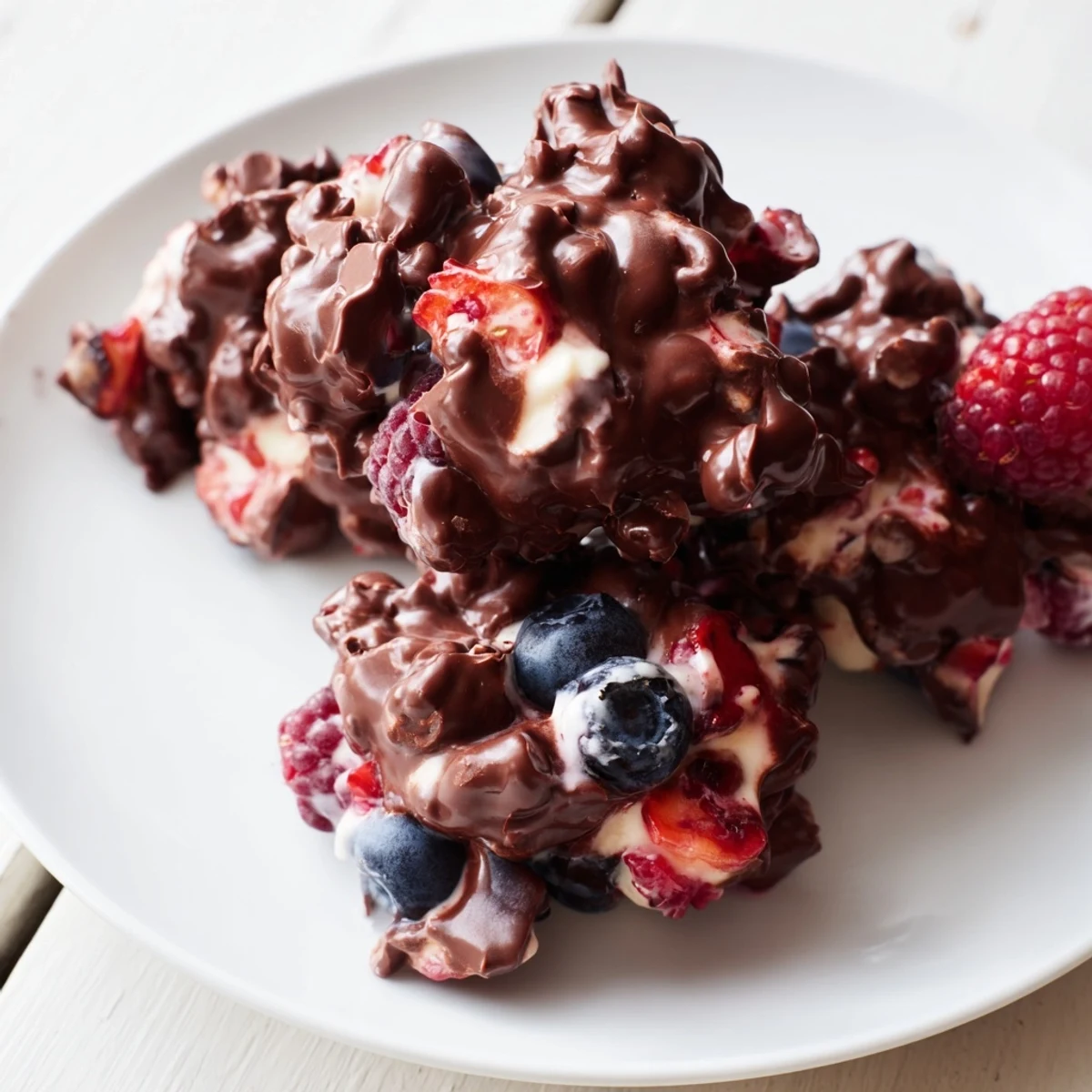 A close-up of vibrant frozen Chocolate Yogurt Clusters showing delicious berries and a smooth chocolate coating.