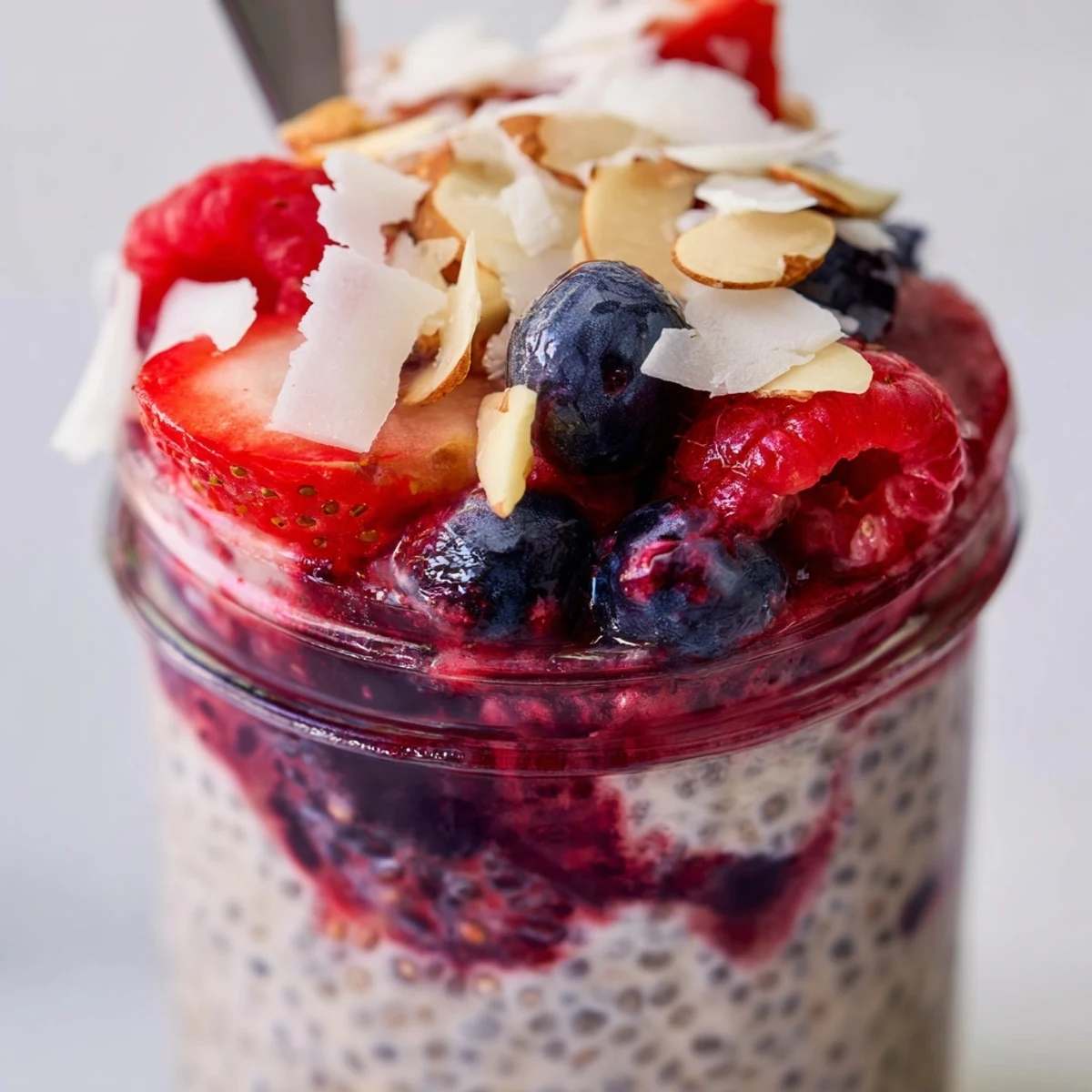 Creamy berry chia pudding layered with vibrant red and blue berries, ideal breakfast.