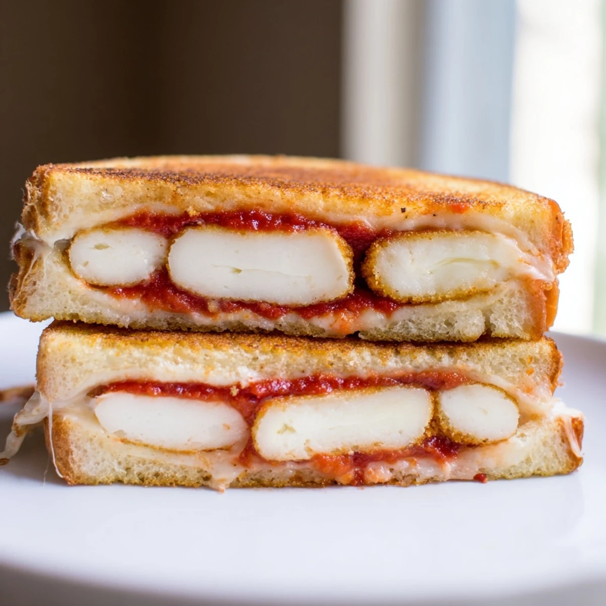 Golden-brown, melty Mozzarella Stick Grilled Cheese with warm marinara, perfect for lunch.