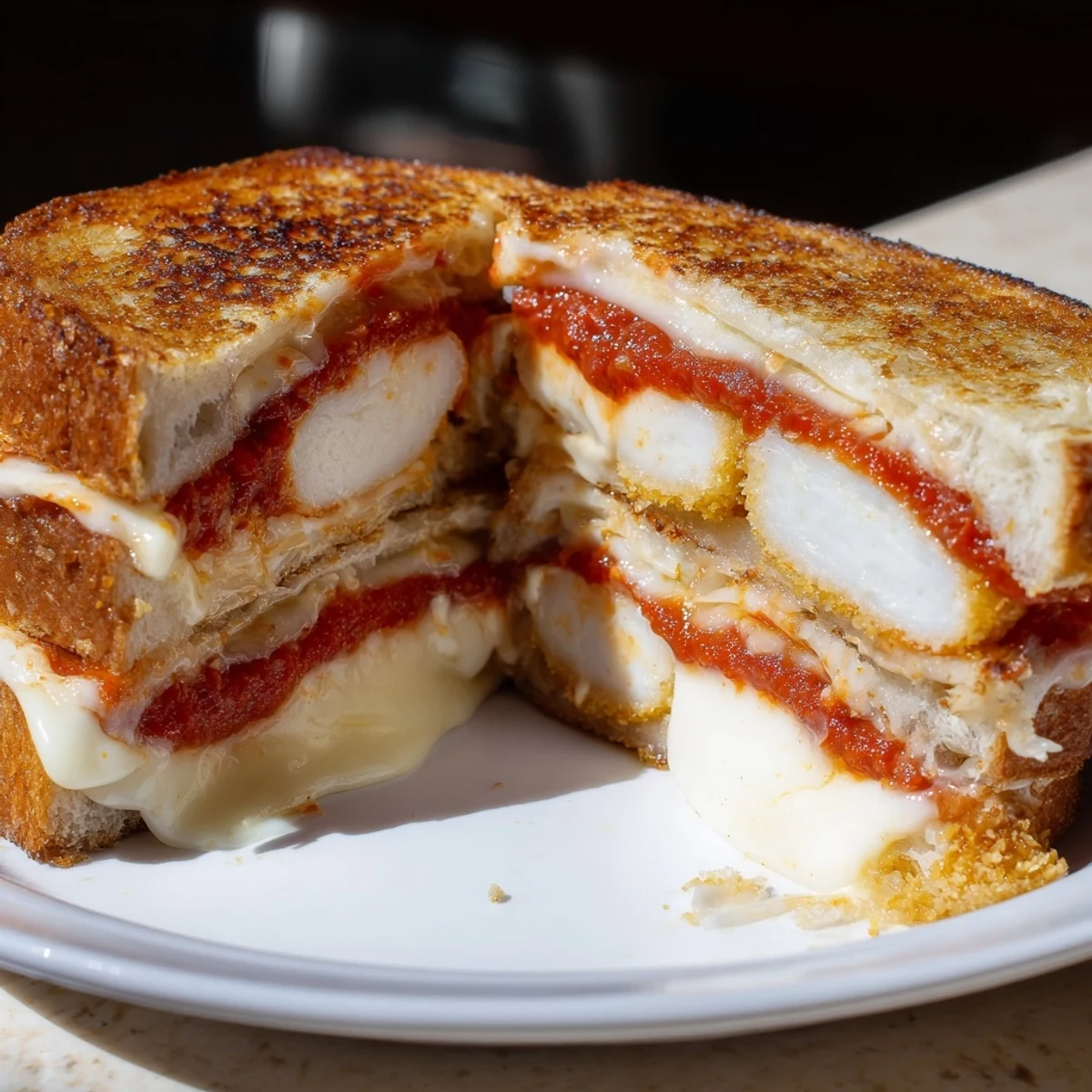 Crispy bread surrounds the melty Mozzarella Stick Grilled Cheese, ready to dip into fresh marinara.