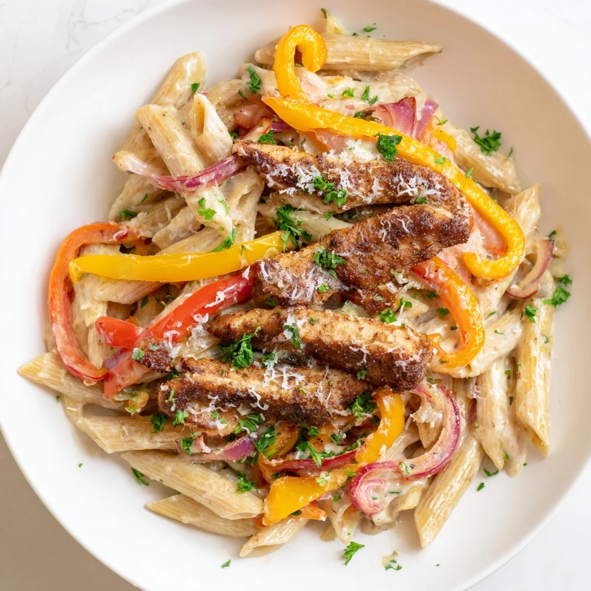 Close-up of a steaming bowl of Cajun chicken pasta, generously sauced and ready to eat.