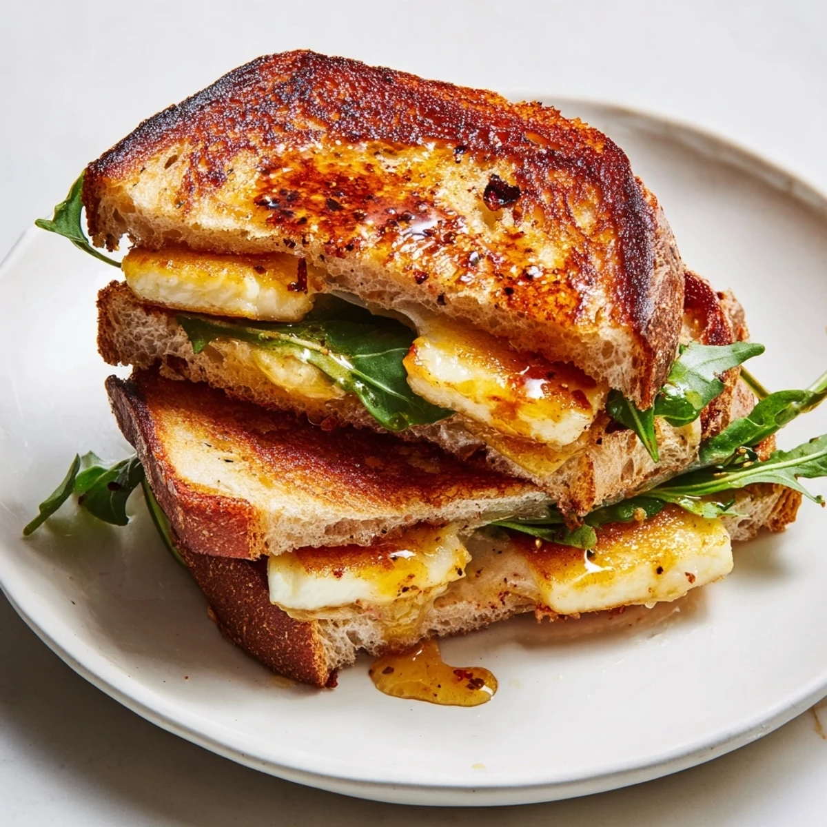A close-up of a perfectly grilled Crispy Halloumi Grilled Cheese, showing the melty cheese inside.