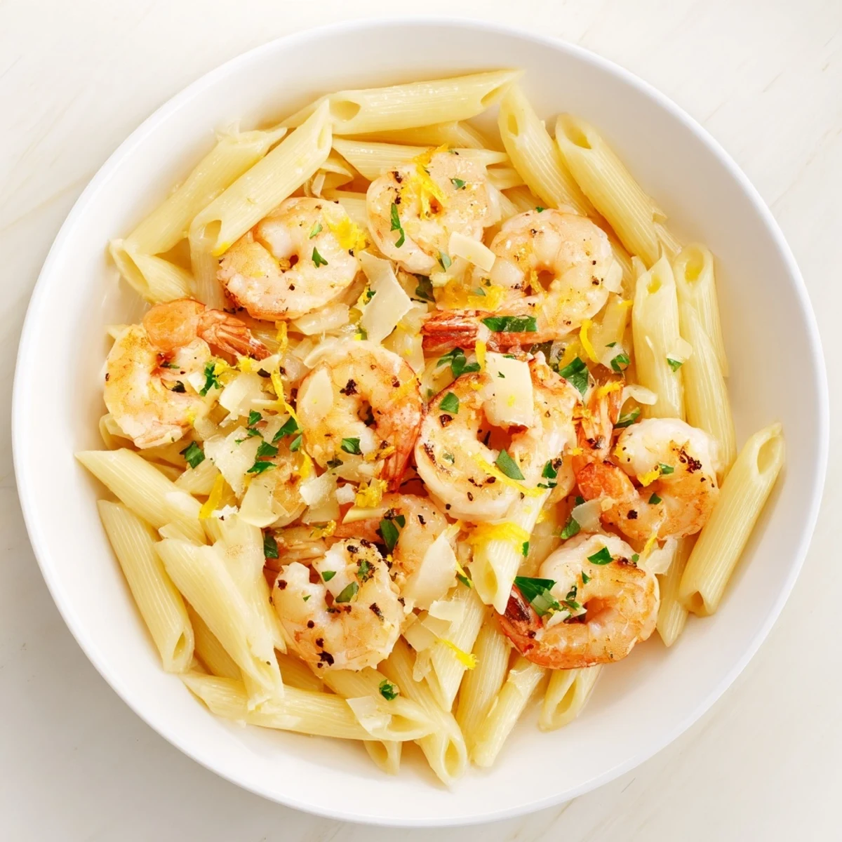 Delicious garlic shrimp penne, ready to eat, served with Parmesan cheese and lemon zest.