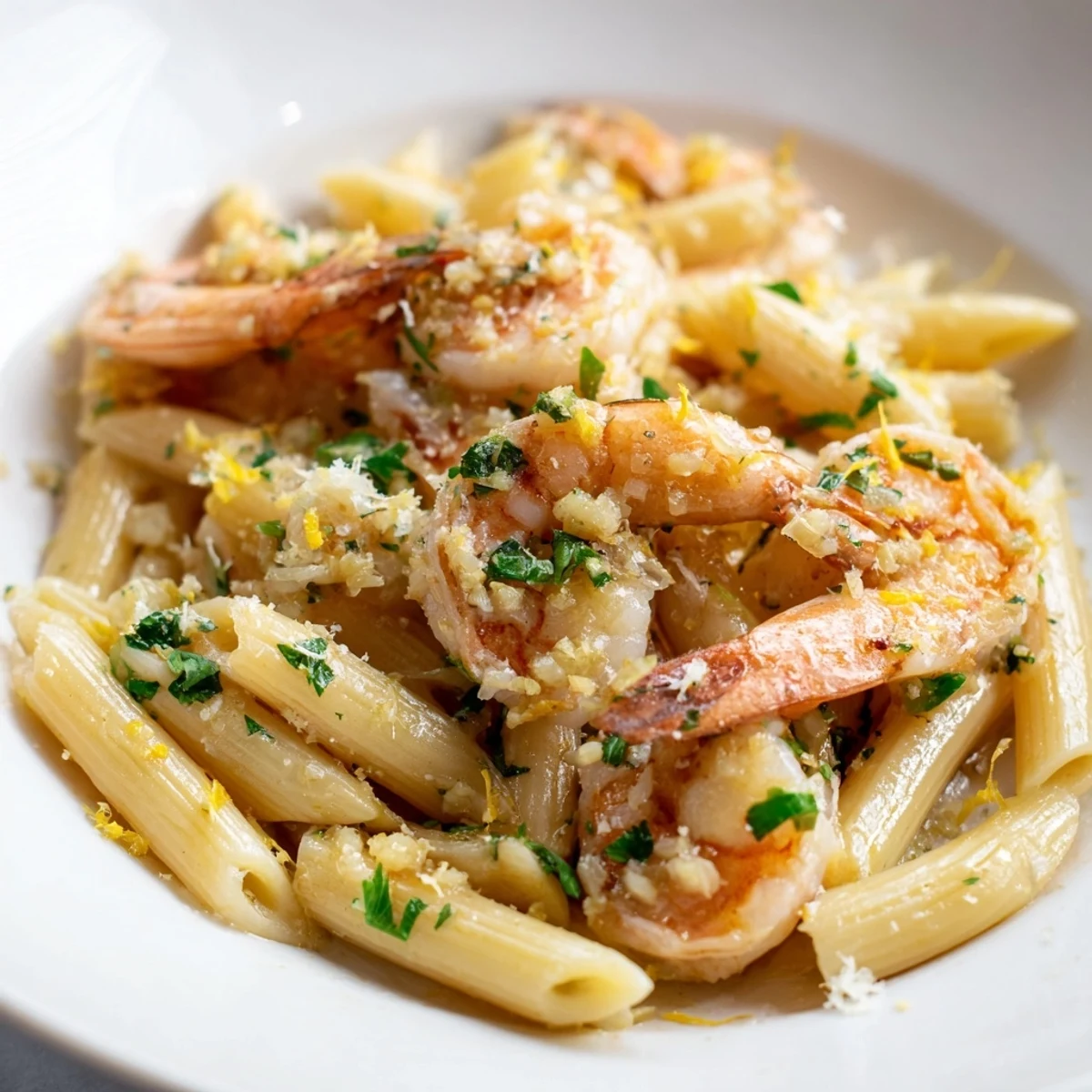 Golden garlic shrimp penne pasta, perfectly cooked with a creamy sauce and fresh parsley.