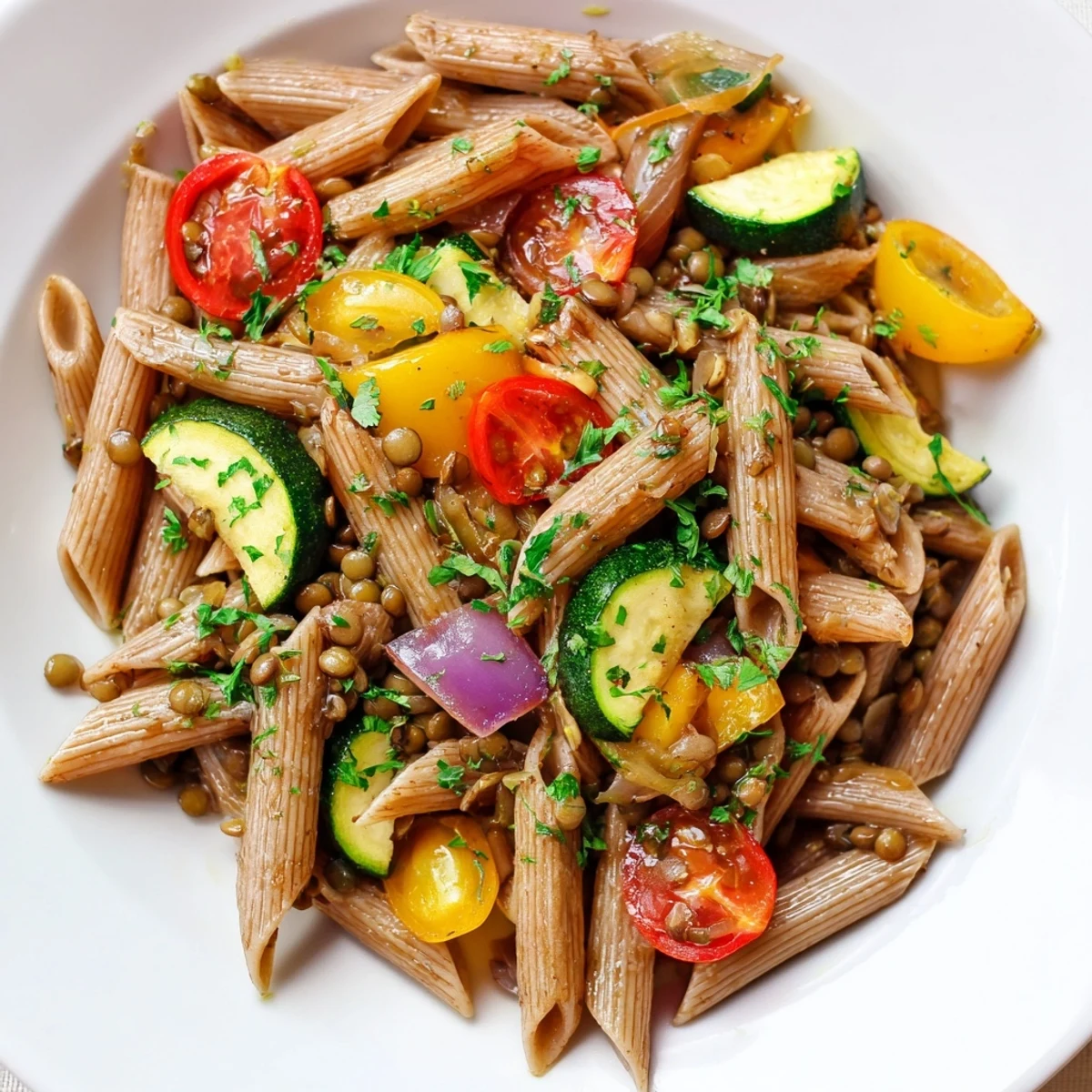 Vibrant Lentil Pasta with Vegetables, featuring roasted bell peppers and a delicious Mediterranean sauce.