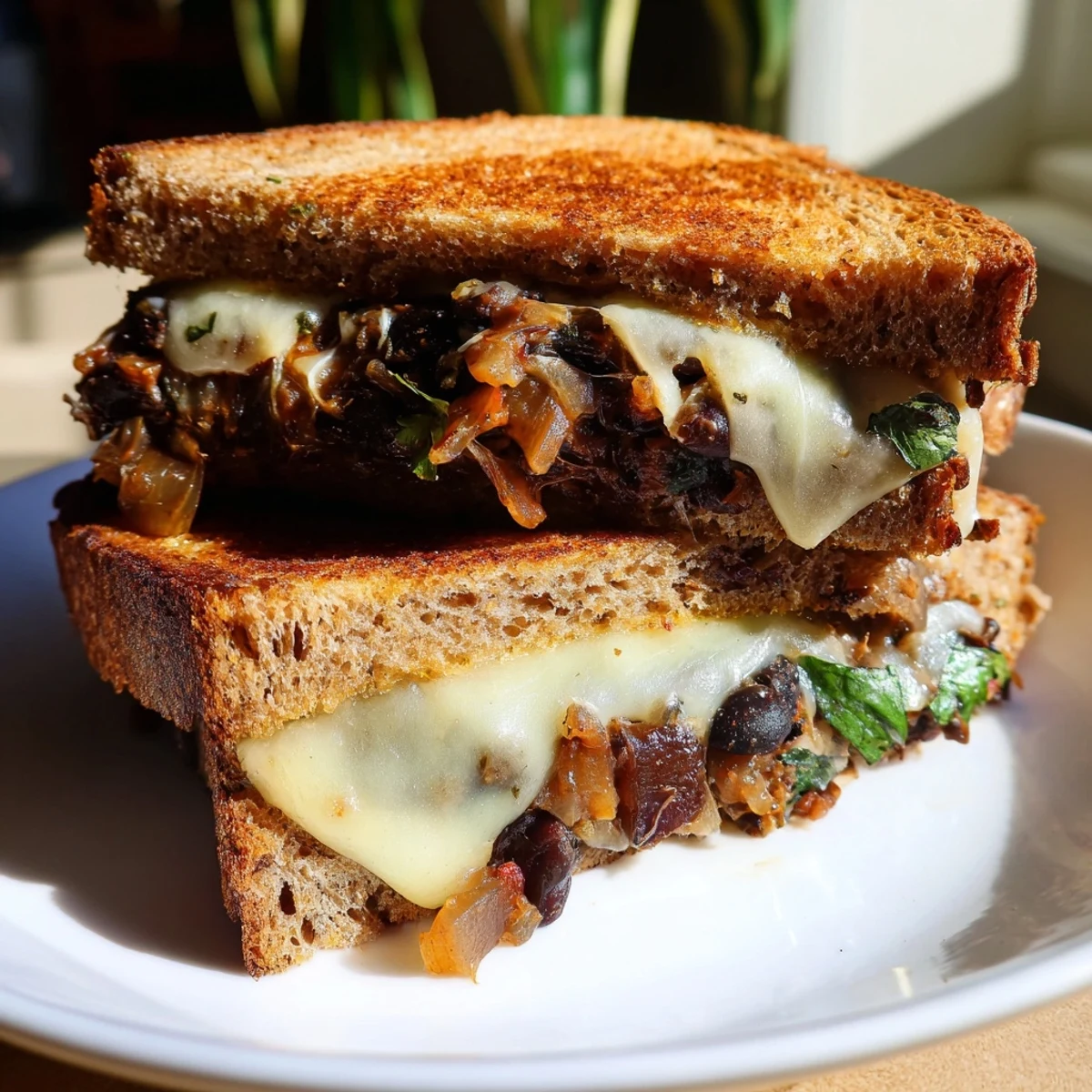 Golden-brown Black Bean Grilled Cheese, with melted cheese oozing from the toasted bread, ready to eat.