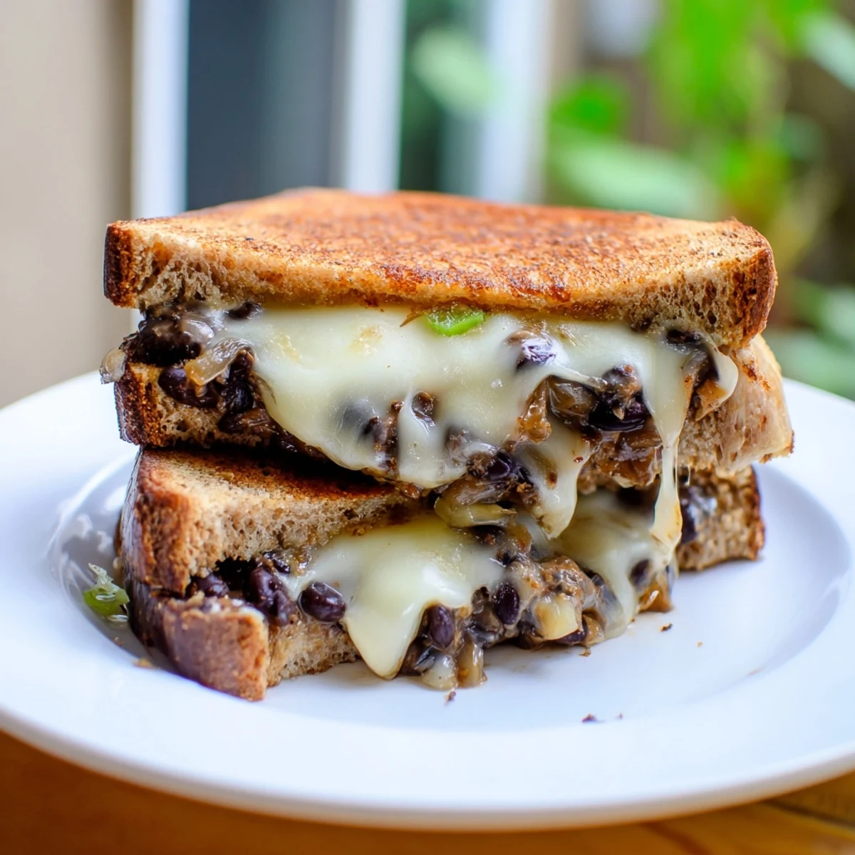 A visually appealing Black Bean Grilled Cheese, showing the delightful mess of a comforting, cheesy meal.