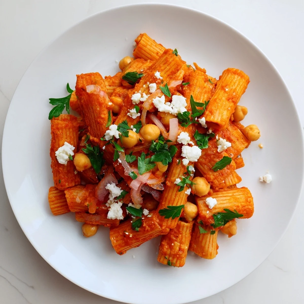 Close-up of hearty Harissa Chickpea Pasta, a vegetarian Mediterranean main, ready to eat.