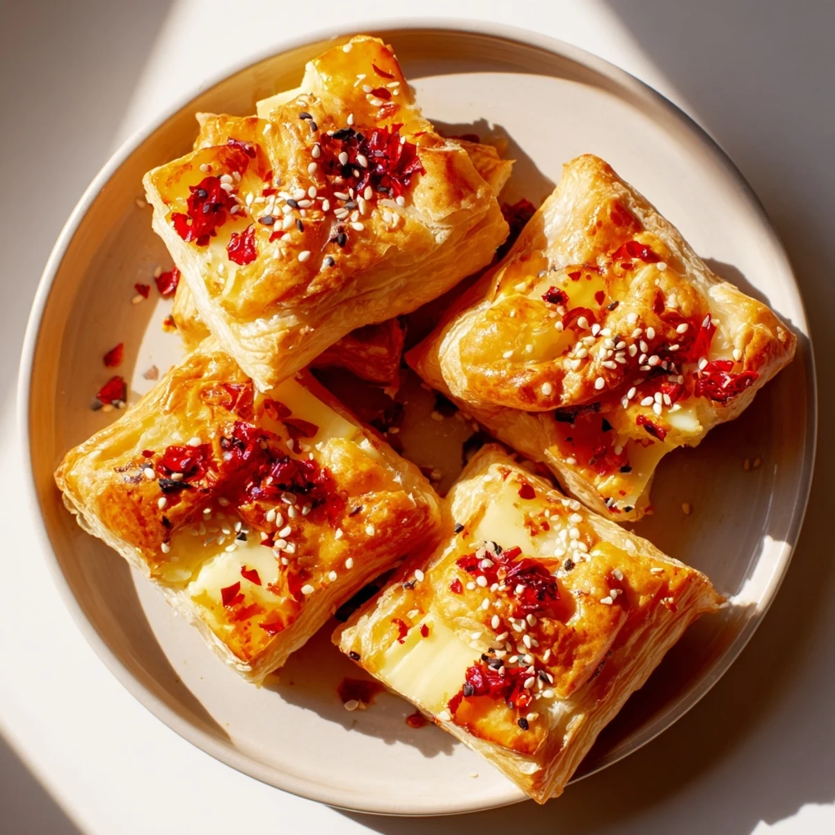 Golden, flaky Chili Crisp Honey Brie Bites, filled with melted cheese and ready to serve.