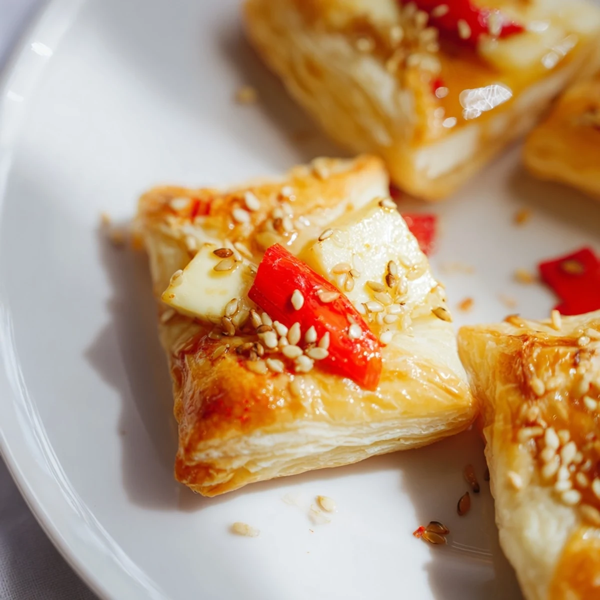 Delicious, baked Chili Crisp Honey Brie Bites with bubbly cheese and drizzled honey, a tasty treat.