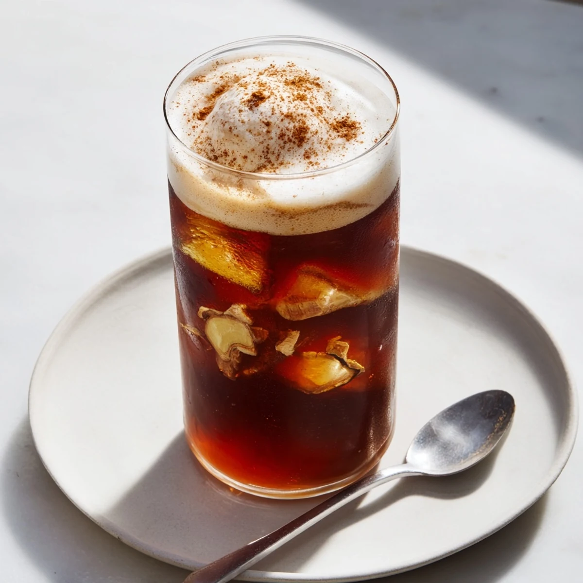 Homemade iced chai with cold foam, a creamy, spiced refreshment, perfect for a sunny afternoon in a tall glass.